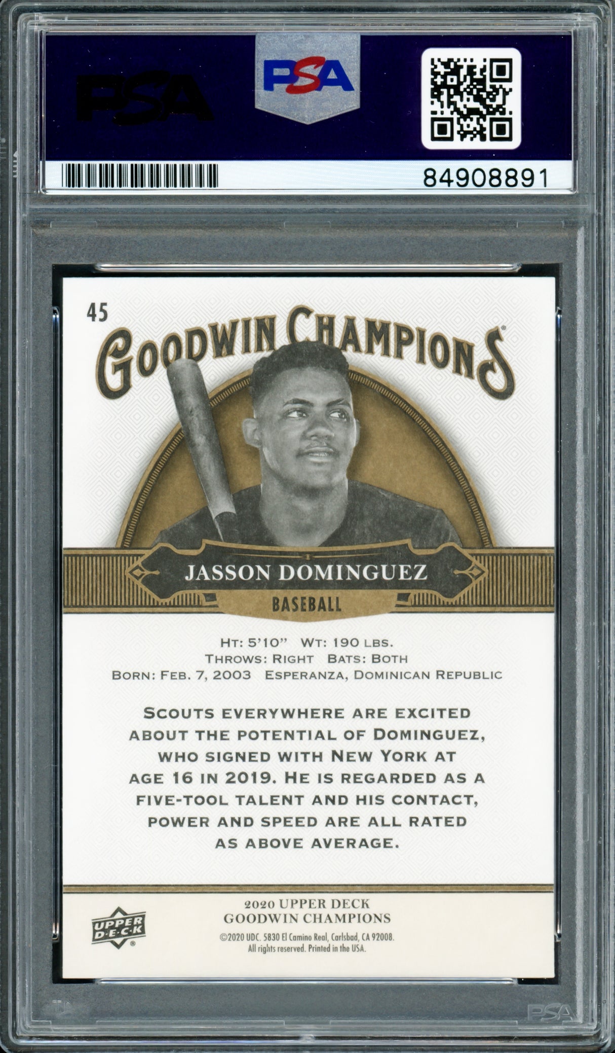 Jasson Dominguez Autographed 2020 Upper Deck Goodwin Champions Rookie Card #45 New York Yankees PSA/DNA #84908891