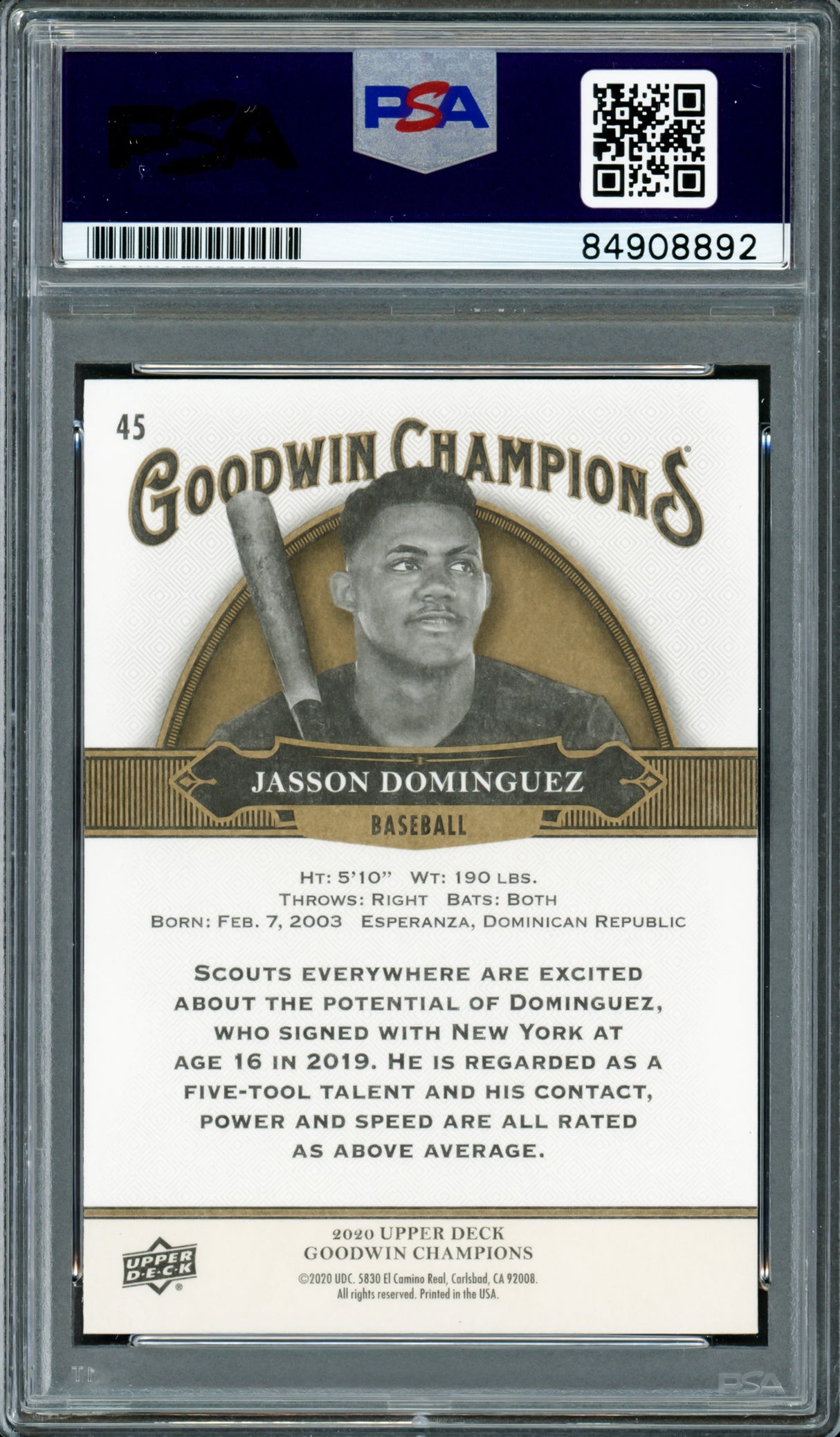 Jasson Dominguez Autographed 2020 Upper Deck Goodwin Champions Rookie Card #45 New York Yankees PSA/DNA #84908892