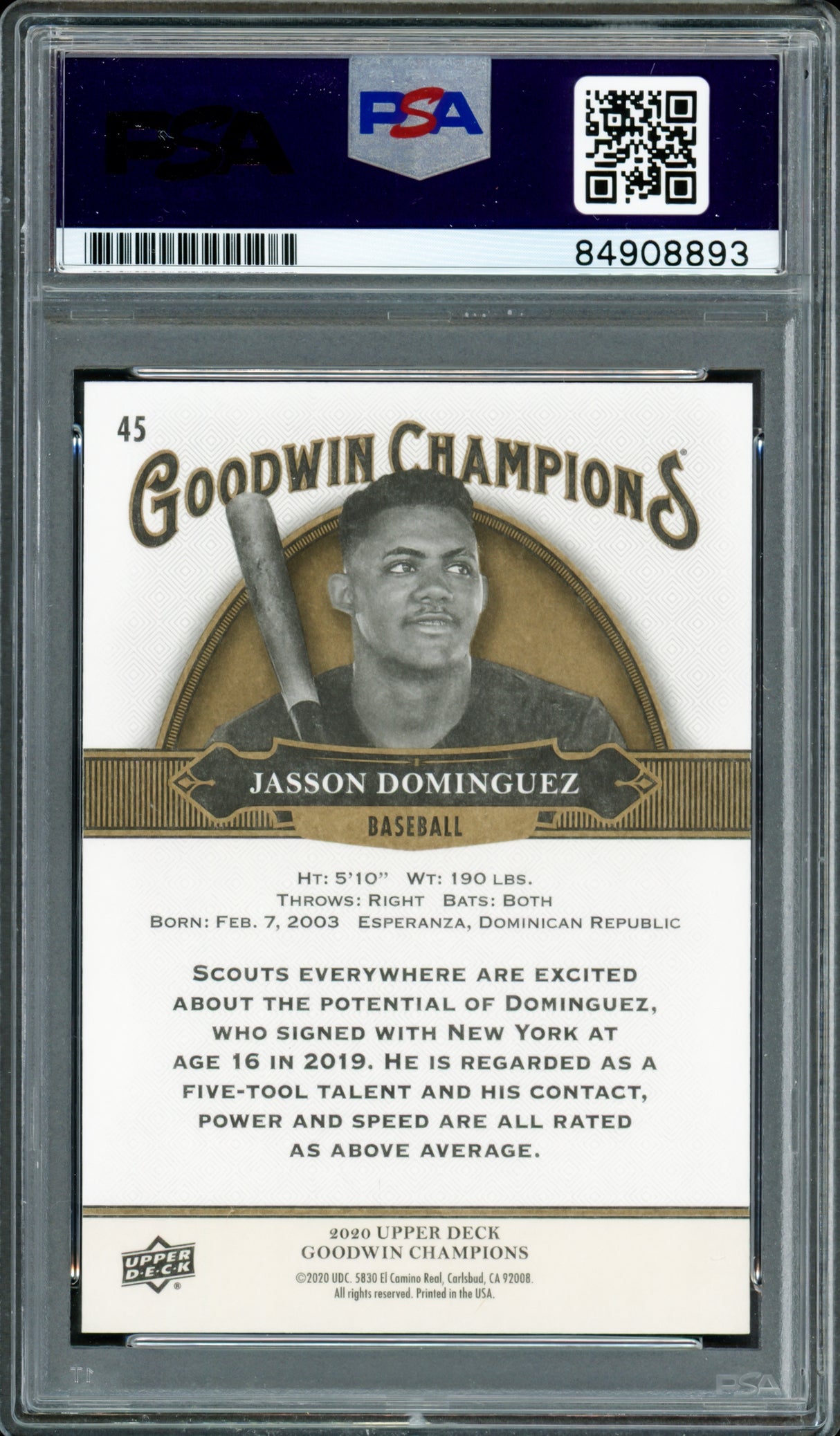 Jasson Dominguez Autographed 2020 Upper Deck Goodwin Champions Rookie Card #45 New York Yankees PSA/DNA #84908893