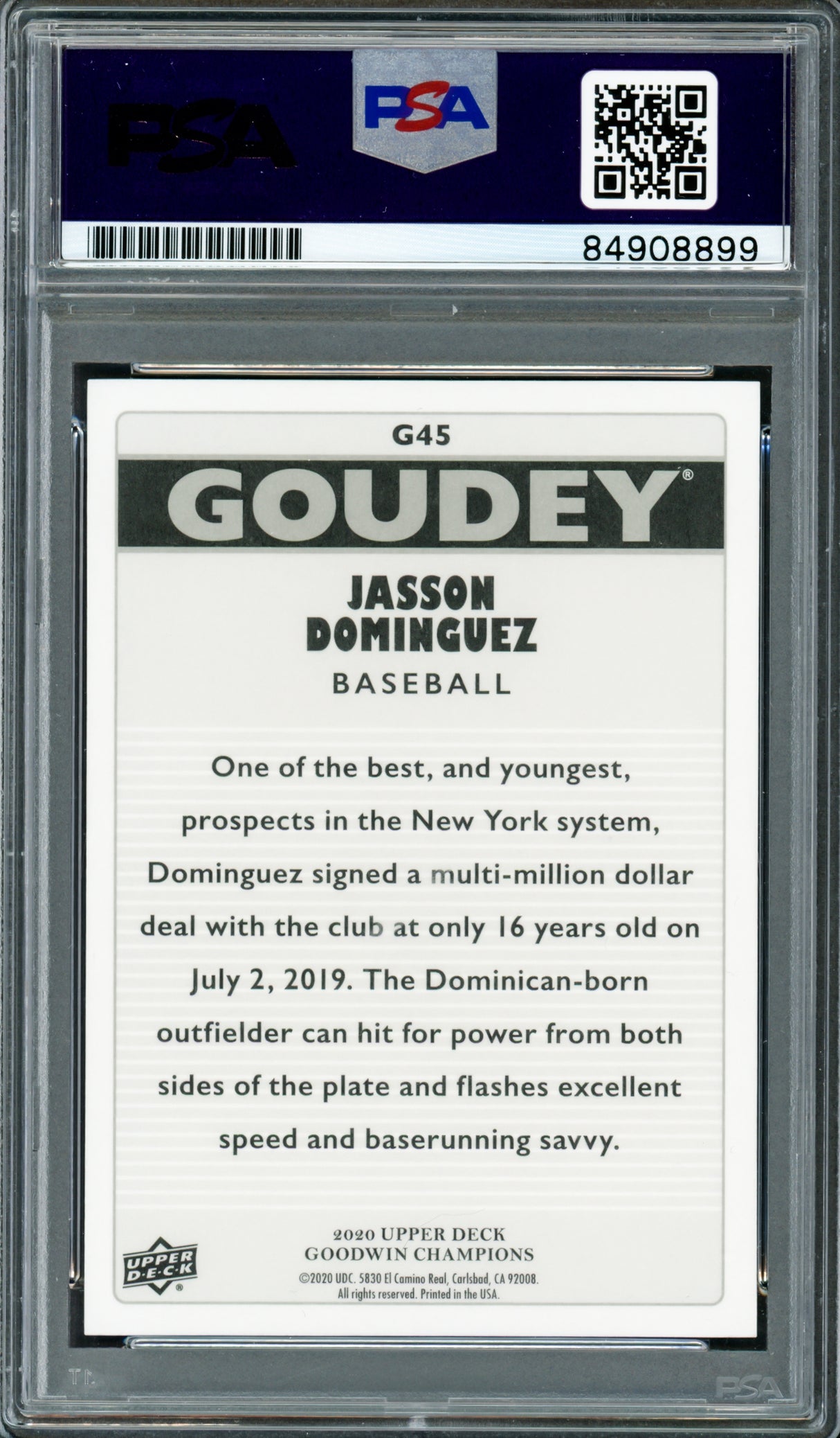 Jasson Dominguez Autographed 2020 Upper Deck Goodwin Champions Goudey Rookie Card #G45 New York Yankees PSA/DNA #84908899