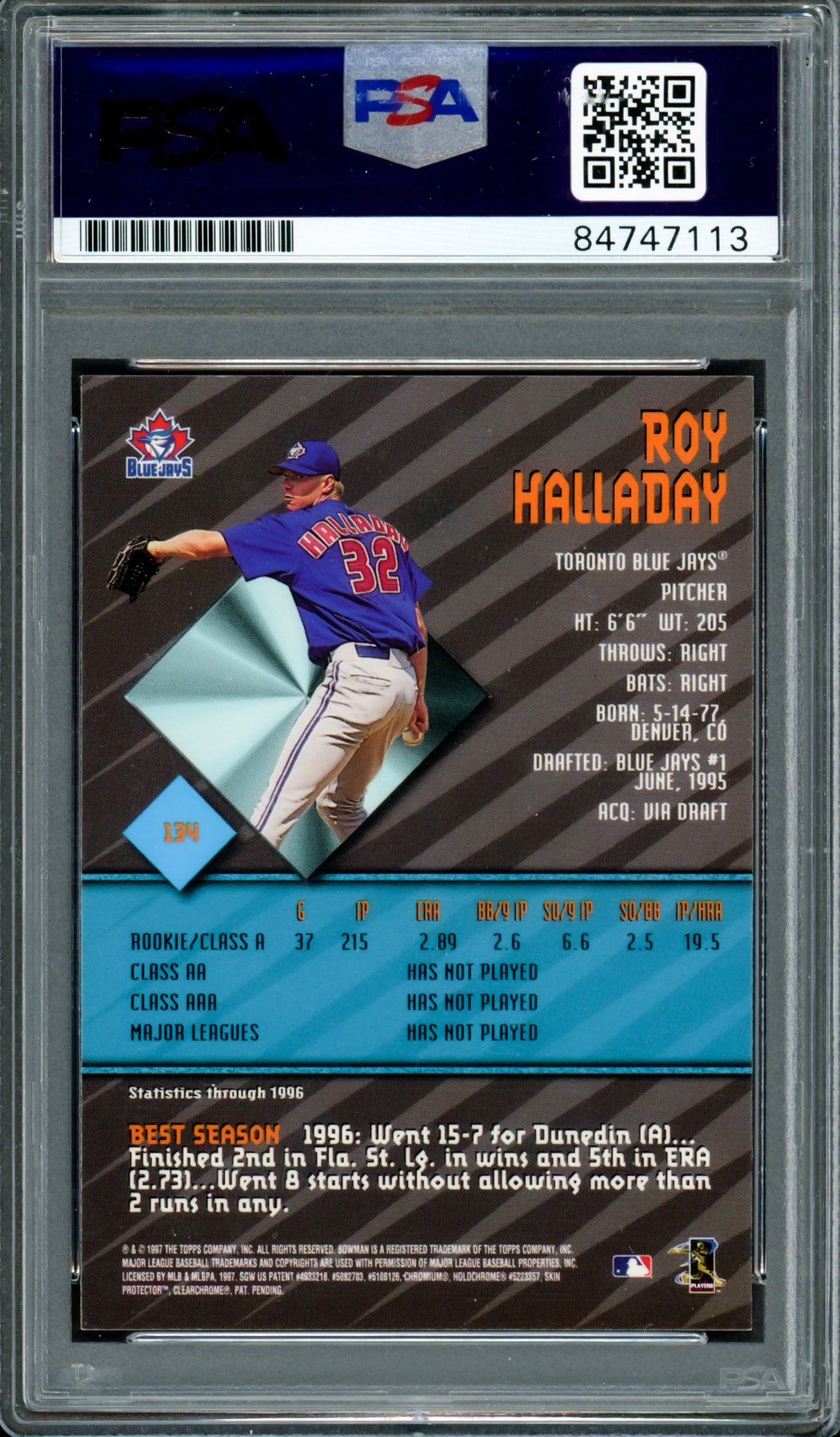 Roy Halladay Autographed 1997 Bowman's Best Rookie Card #134 Toronto Blue Jays PSA/DNA #84747113