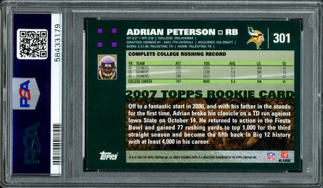 Adrian Peterson Autographed 2007 Topps Rookie Card #301 Minnesota Vikings PSA 9 Auto Grade Gem Mint 10 PSA/DNA #58433179