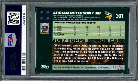 Adrian Peterson Autographed 2007 Topps Rookie Card #301 Minnesota Vikings PSA 9 Auto Grade Gem Mint 10 PSA/DNA #58433163
