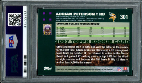 Adrian Peterson Autographed 2007 Topps Rookie Card #301 Minnesota Vikings PSA 9 Auto Grade Gem Mint 10 PSA/DNA #58433178
