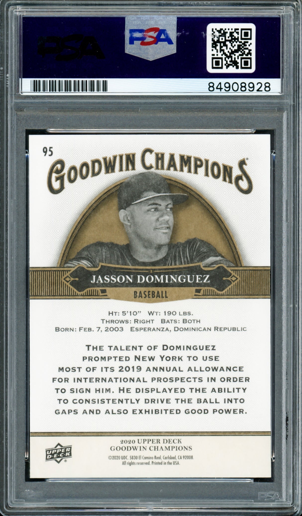 Jasson Dominguez Autographed 2020 Upper Deck Goodwin Champions Rookie Card #95 New York Yankees Auto Grade Gem Mint 10 PSA/DNA Stock #215454