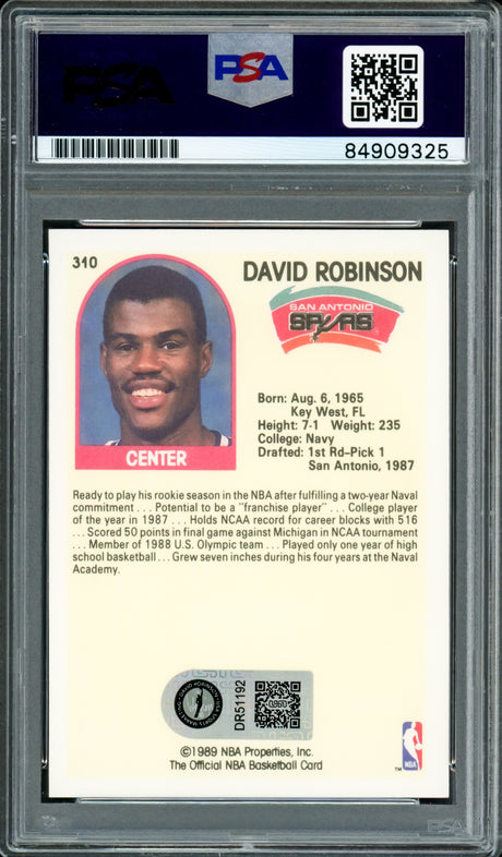 David Robinson Autographed 1989-90 Hoops Basketball Rookie Card #310 San Antonio Spurs Auto Grade Gem Mint 10 PSA/DNA Stock #215456