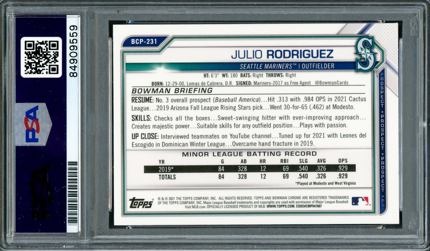 Julio Rodriguez Autographed 2021 Bowman Chrome Card #BCP-231 Seattle Mariners PSA/DNA Stock #215459