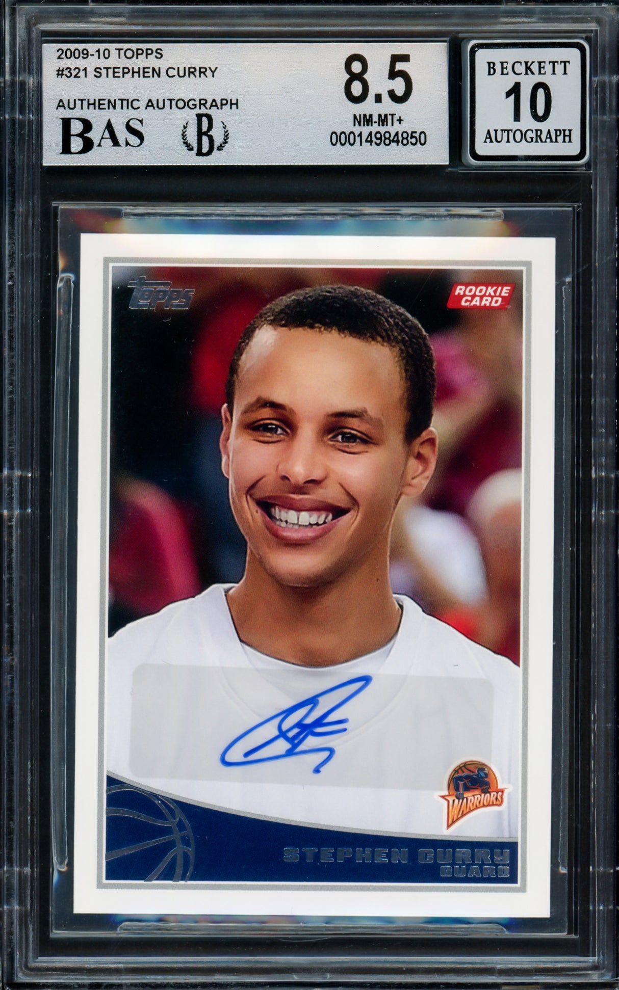 Stephen Curry Autographed 2009-10 Topps Rookie Card #321 Golden State Warriors BGS 8.5 Auto Grade Gem Mint 10 Beckett BAS #14984850