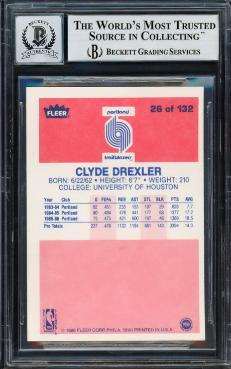Clyde Drexler Autographed 1986-87 Fleer Rookie Card #26 Portland Trail Blazers Auto Grade Gem Mint 10 "The Glide" Beckett BAS #14127405