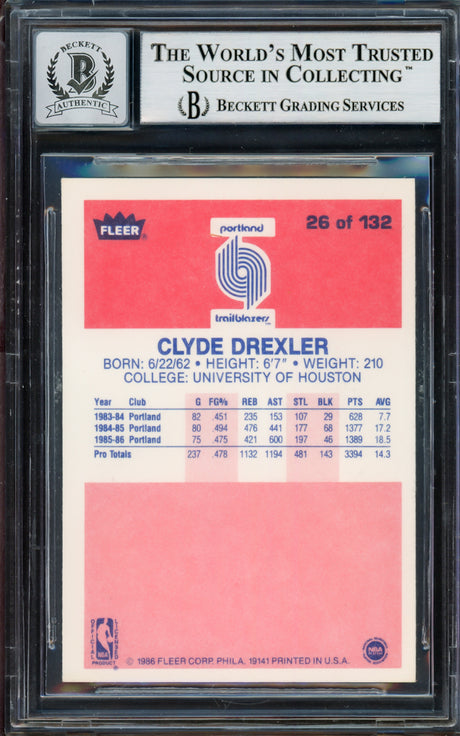 Clyde Drexler Autographed 1986-87 Fleer Rookie Card #26 Portland Trail Blazers Auto Grade Gem Mint 10 "The Glide" Beckett BAS #14127403