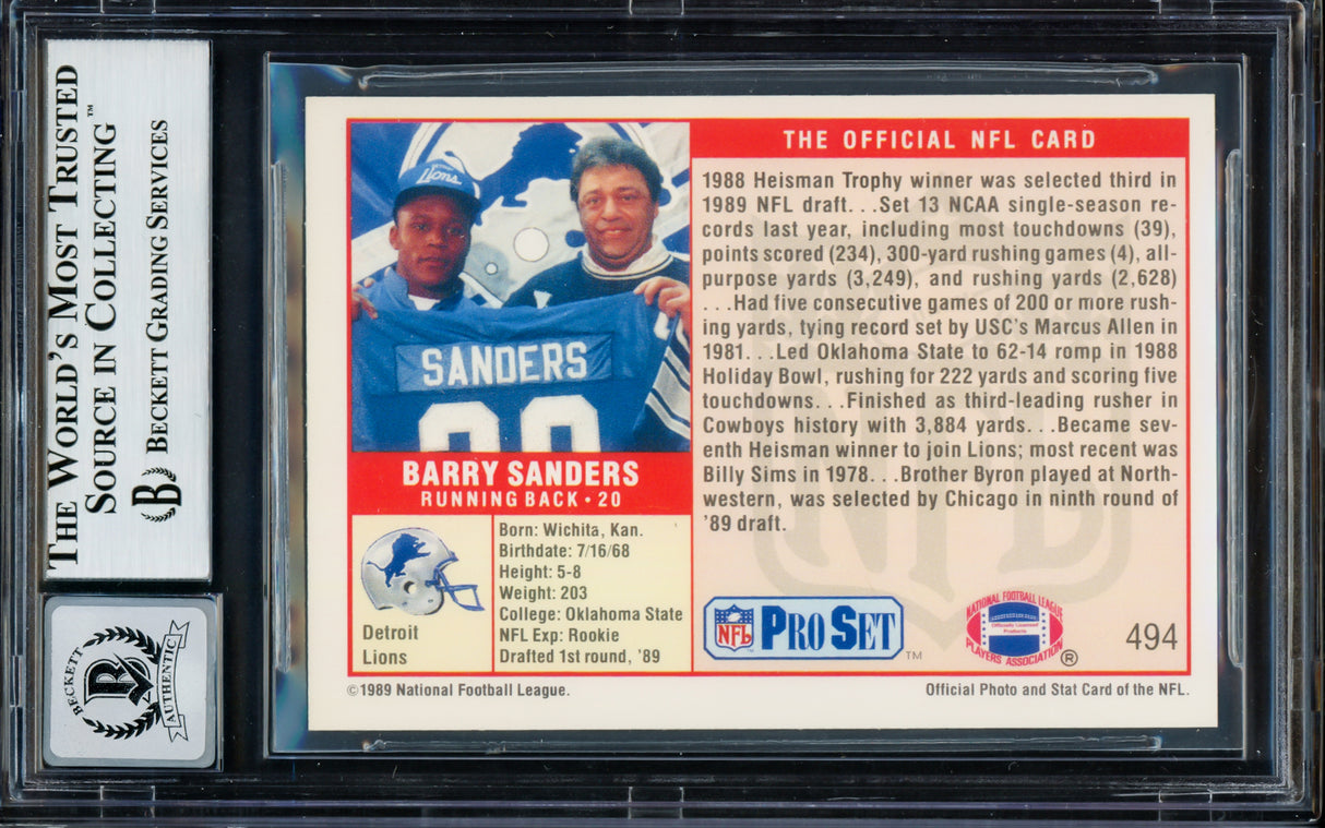 Barry Sanders Autographed 1989 Pro Set Rookie Card #494 Detroit Lions Auto Grade Gem Mint 10 Beckett BAS Stock #215474