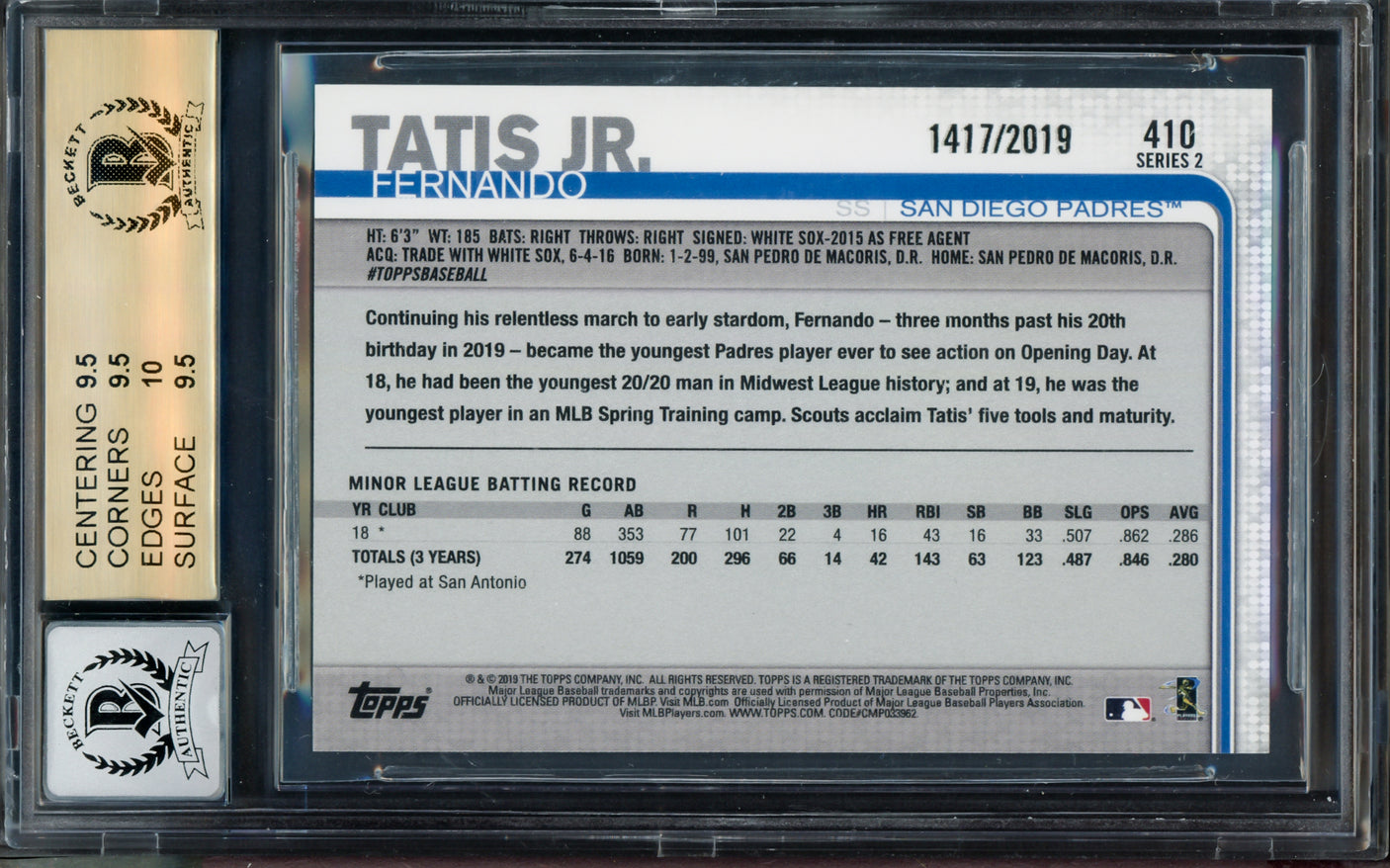 Fernando Tatis Jr. Autographed 2019 Topps Gold Rookie Card #410 San Diego Padres BGS 9.5 Auto Grade Gem Mint 10 Beckett BAS #14323699