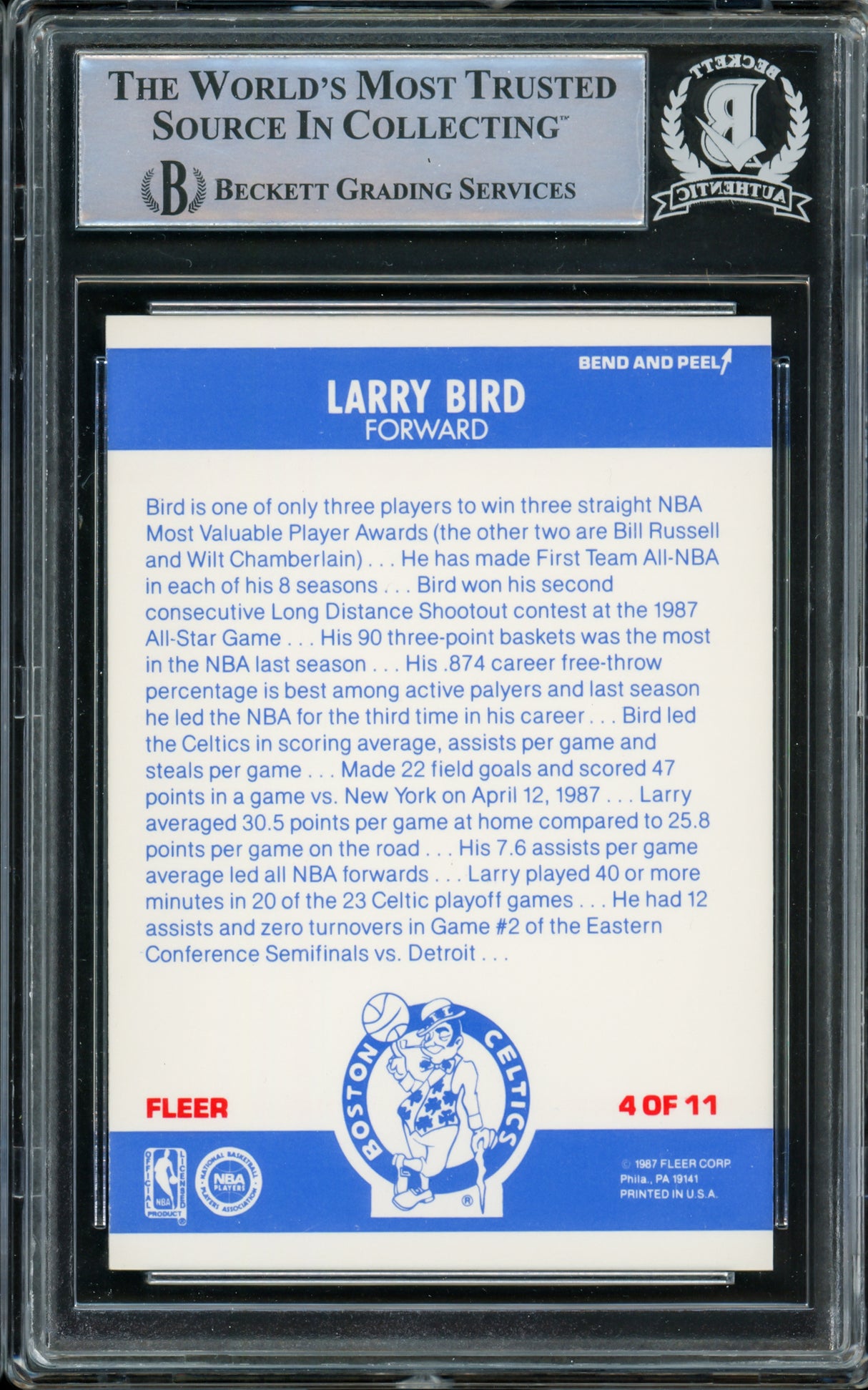 Larry Bird Autographed 1987-88 Fleer Stickers Card #4 Boston Celtics Beckett BAS #14612417