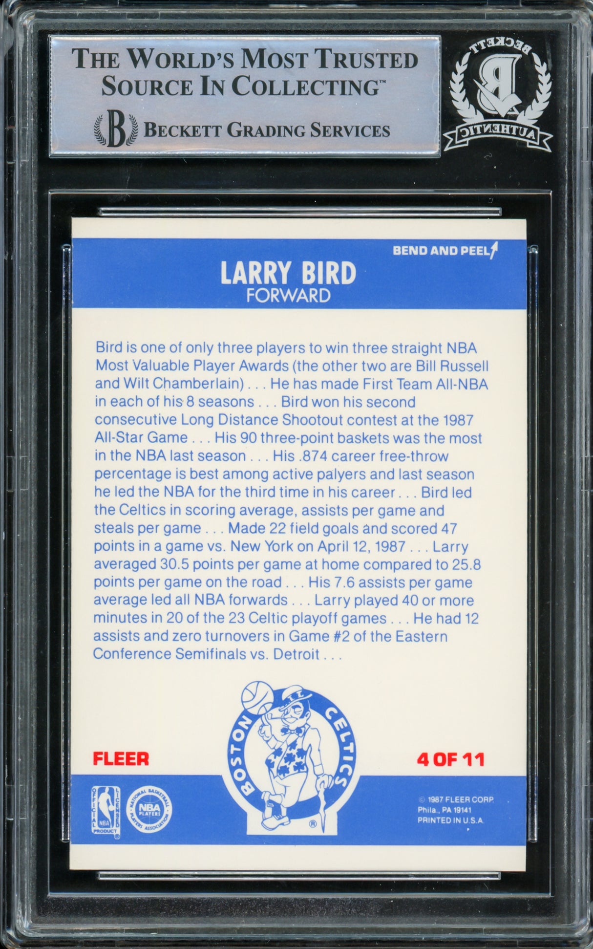 Larry Bird Autographed 1987-88 Fleer Stickers Card #4 Boston Celtics Beckett BAS #14612411