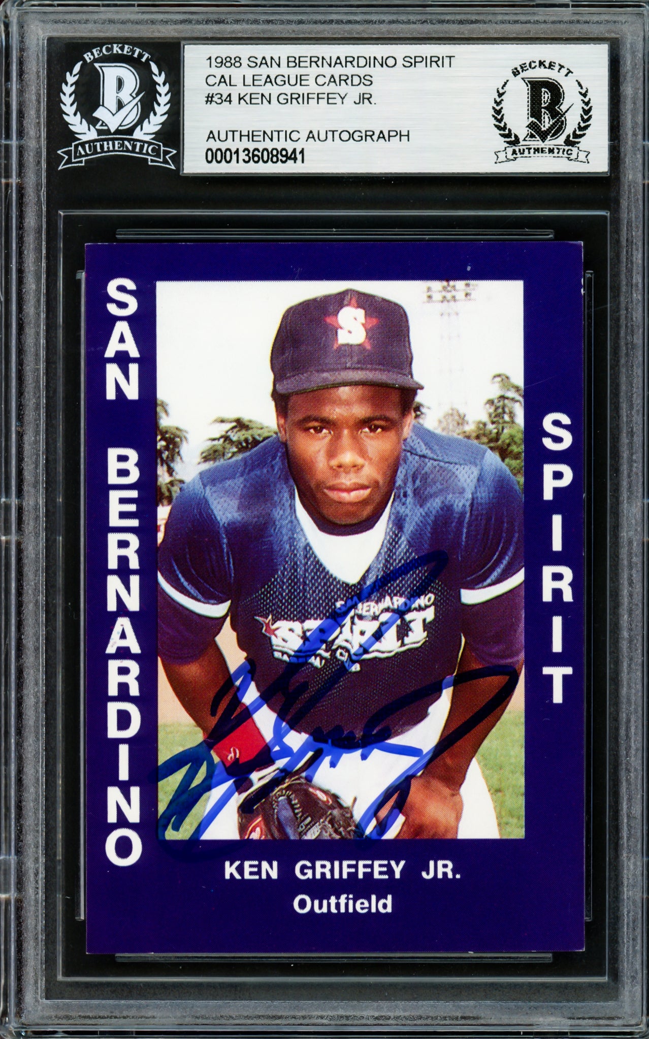 Ken Griffey Jr. Autographed 1988 California League Rookie Card #34 San Bernardino Spirit Hands On Knees Beckett BAS #13608941
