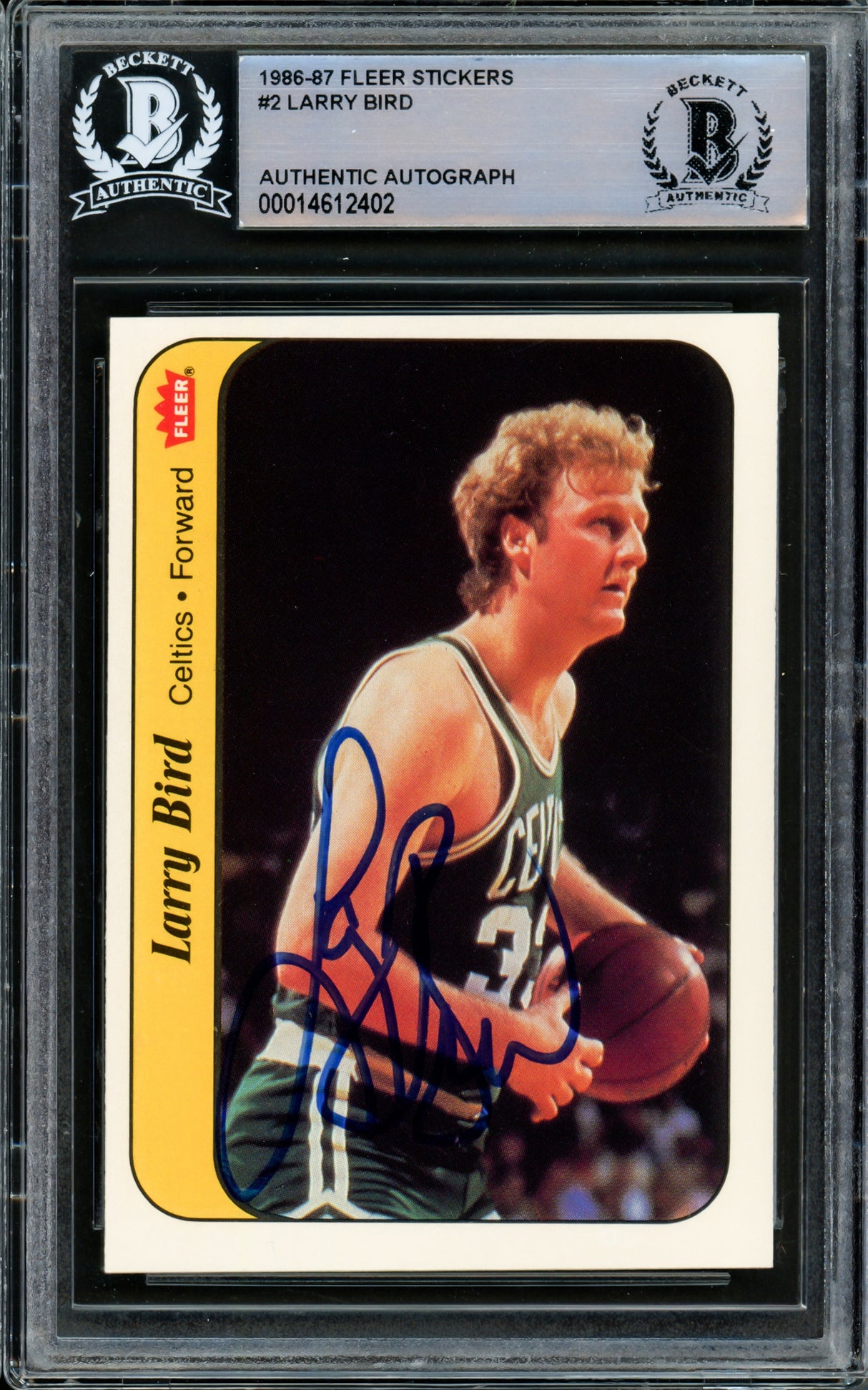 Larry Bird Autographed 1986-87 Fleer Stickers Card #2 Boston Celtics Beckett BAS #14612402