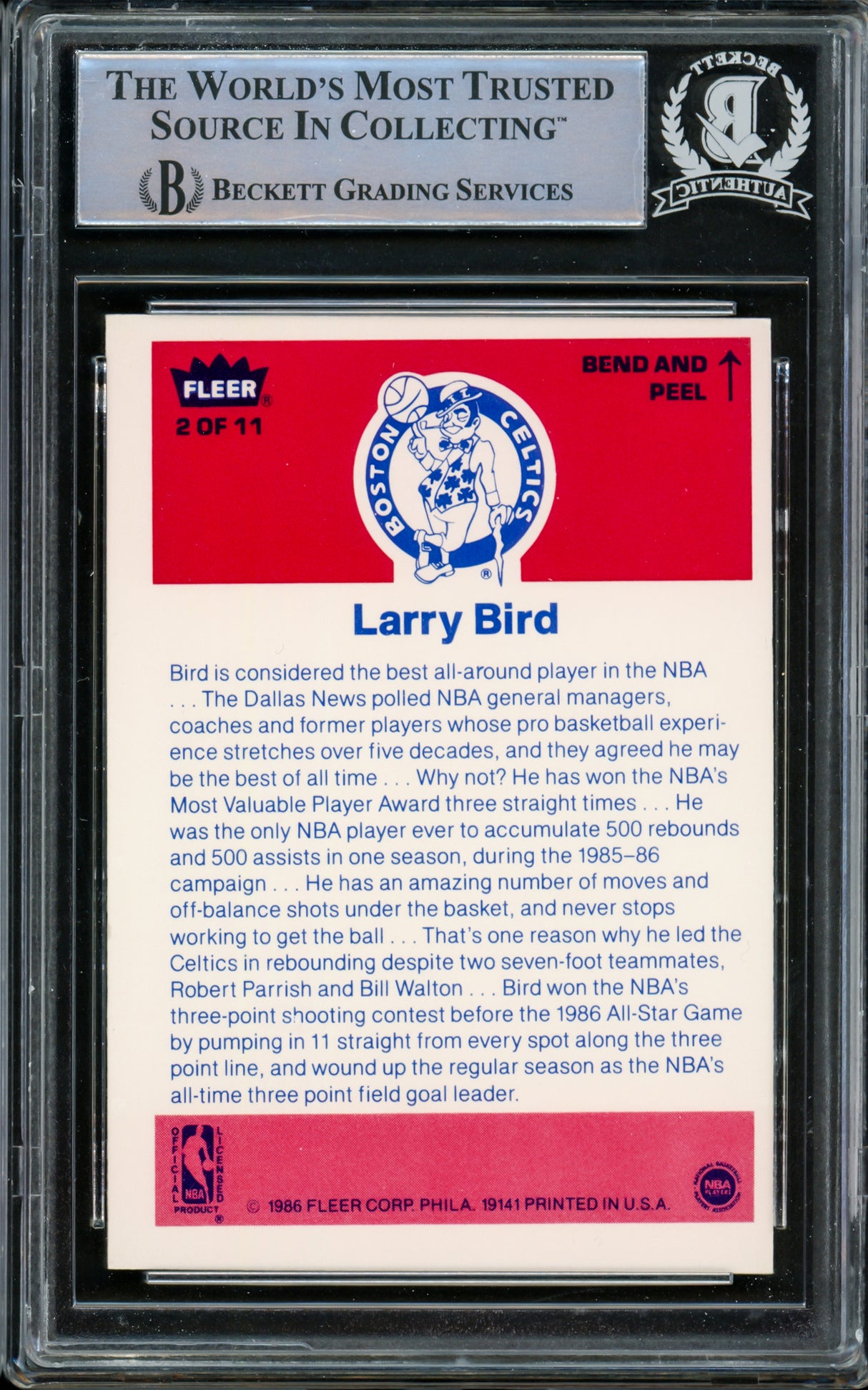 Larry Bird Autographed 1986-87 Fleer Stickers Card #2 Boston Celtics Beckett BAS #14612402