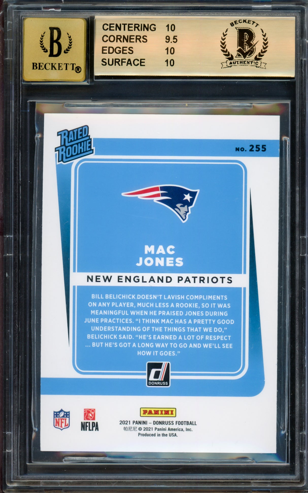Mac Jones Autographed 2021 Donruss Rookie Card #255 New England Patriots BGS 10 Auto Grade Gem Mint 10 Beckett BAS #15297162