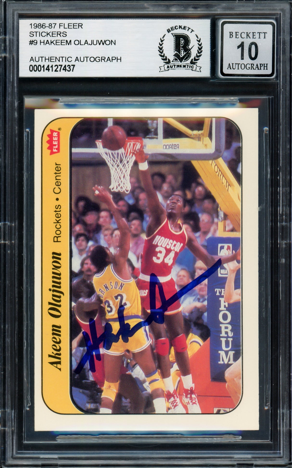 Hakeem Olajuwon Autographed 1986-87 Fleer Stickers Rookie Card #9 Houston Rockets Auto Grade Gem Mint 10 Beckett BAS #14127437