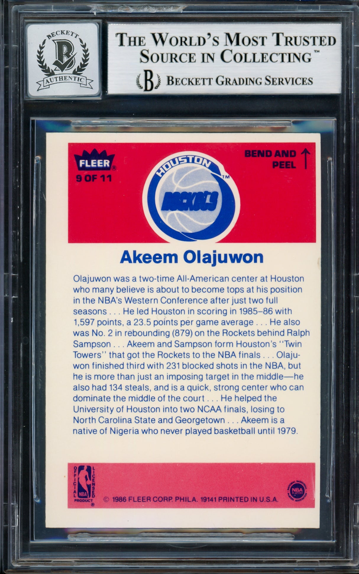 Hakeem Olajuwon Autographed 1986-87 Fleer Stickers Rookie Card #9 Houston Rockets Auto Grade Gem Mint 10 Beckett BAS #14127437