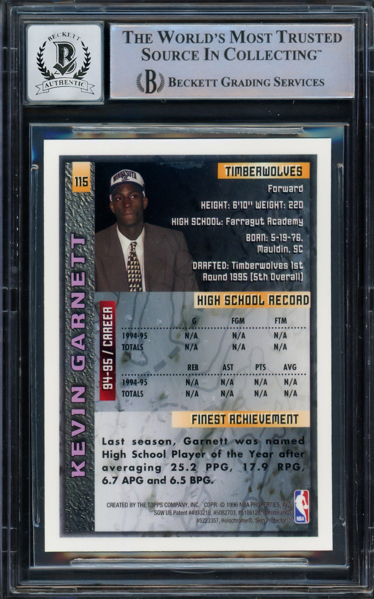 Kevin Garnett Autographed 1995-96 Finest Rookie Card #115 Minnesota Timberwolves Auto Grade Gem Mint 10 Beckett BAS #14392811