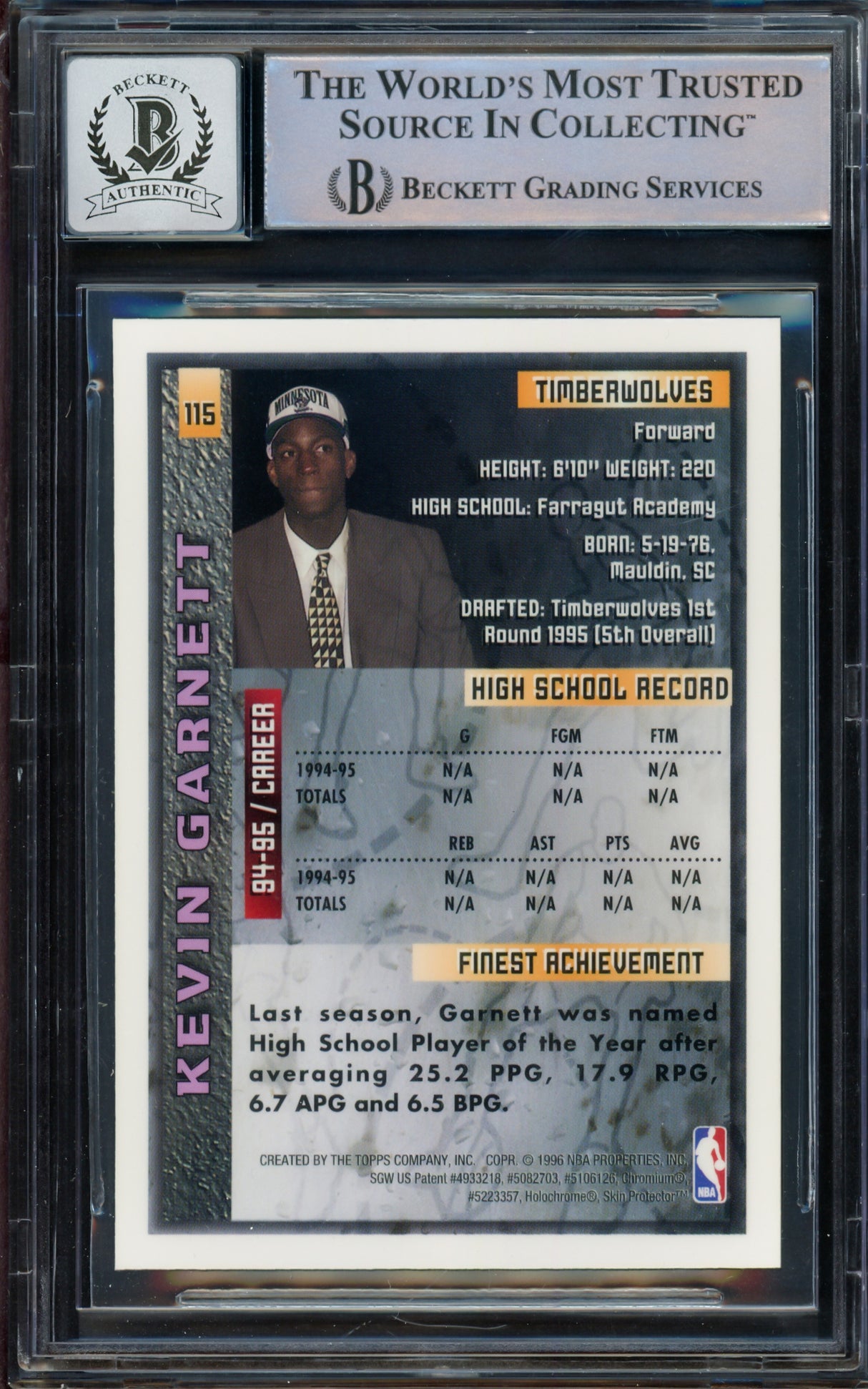 Kevin Garnett Autographed 1995-96 Finest Rookie Card #115 Minnesota Timberwolves Auto Grade Gem Mint 10 Beckett BAS #14392810
