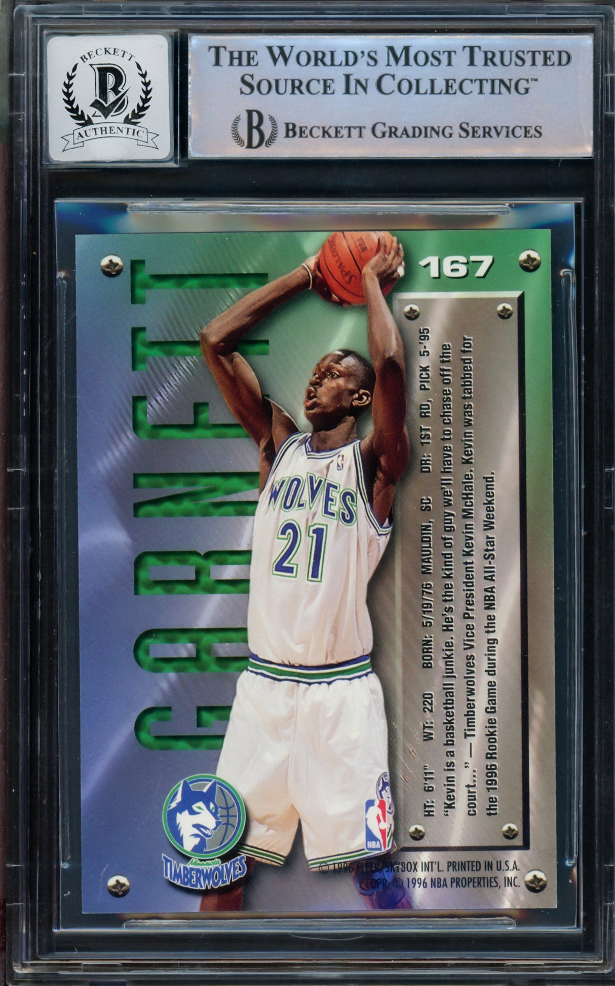Kevin Garnett Autographed 1995-96 Fleer Metal Rookie Card #167 Minnesota Timberwolves Auto Grade Gem Mint 10 Beckett BAS Stock #215495