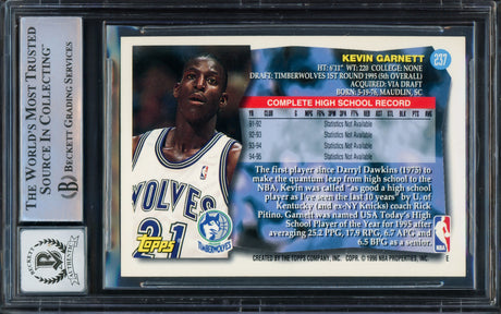 Kevin Garnett Autographed 1995-96 Topps Rookie Card #237 Minnesota Timberwolves Auto Grade Gem Mint 10 Beckett BAS Stock #215496