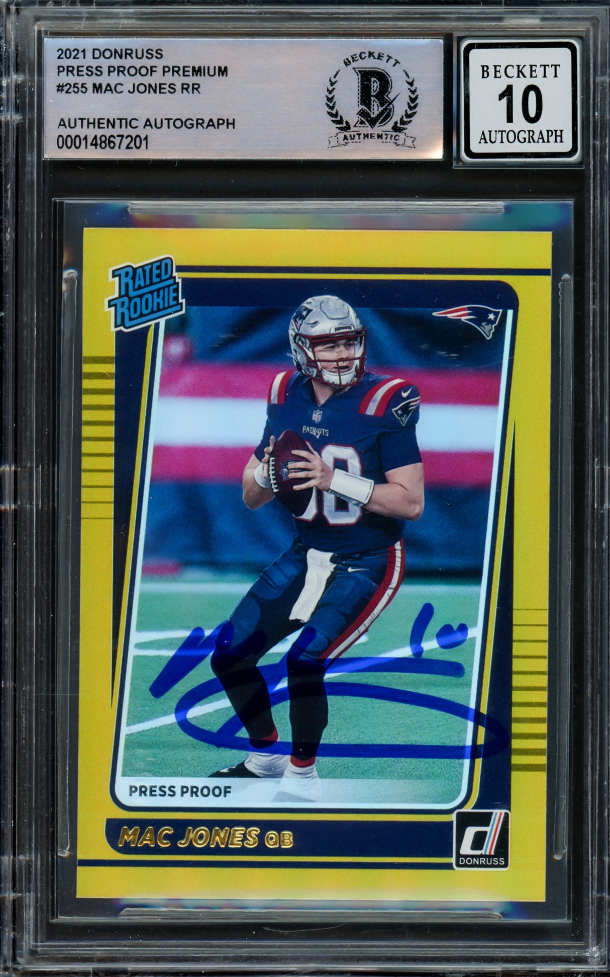 Mac Jones Autographed 2021 Donruss Gold Press Proof Premium Rookie Card #255 New England Patriots Auto Grade Gem Mint 10 Beckett BAS Stock #215497