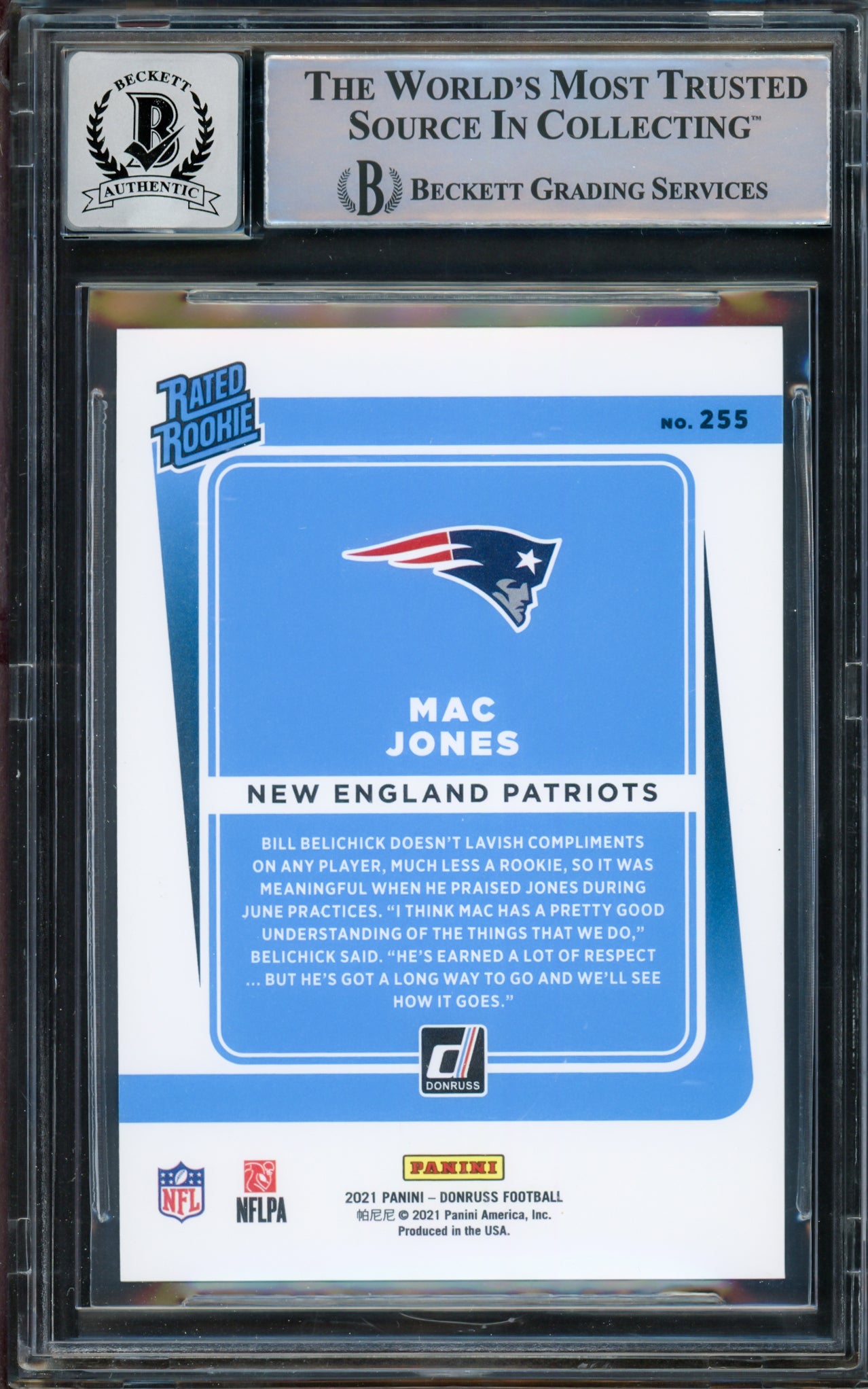 Mac Jones Autographed 2021 Donruss Gold Press Proof Premium Rookie Card #255 New England Patriots Auto Grade Gem Mint 10 Beckett BAS Stock #215497