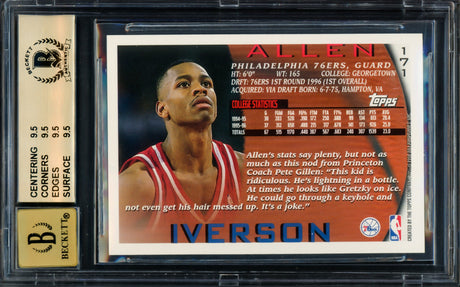 Allen Iverson Autographed 1996-97 Topps Rookie Card #171 Philadelphia 76ers BGS 9.5 Auto Grade Gem Mint 10 Beckett BAS Stock #215498