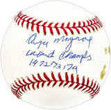 Angel Mangual Autographed Official MLB Baseball Oakland A's "World Champs 1972, 73, 74" Beckett BAS QR #BM17858