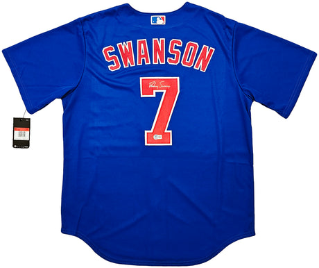 Chicago Cubs Dansby Swanson Autographed Blue Nike Jersey Size L Beckett BAS QR Stock #215513