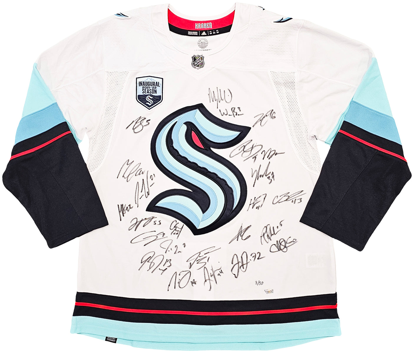 Seattle Kraken Inaugural Season Team Signed Autographed White Adidas Jersey Size 54 With 24 Signatures Including Jordan Eberle, Jared McCann & Yanni Gourde #/50 Fanatics Holo Stock #215412