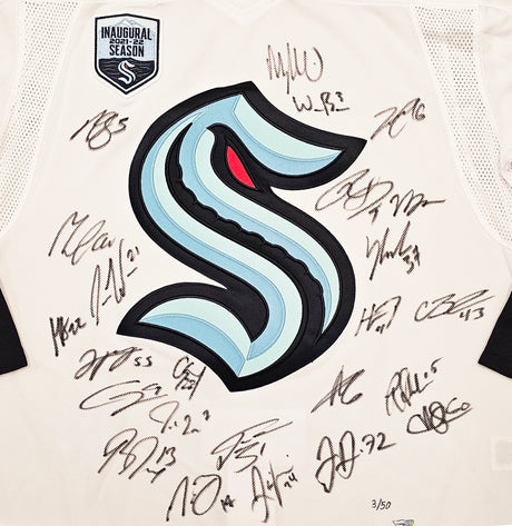 Seattle Kraken Inaugural Season Team Signed Autographed White Adidas Jersey Size 54 With 24 Signatures Including Jordan Eberle, Jared McCann & Yanni Gourde #/50 Fanatics Holo Stock #215412