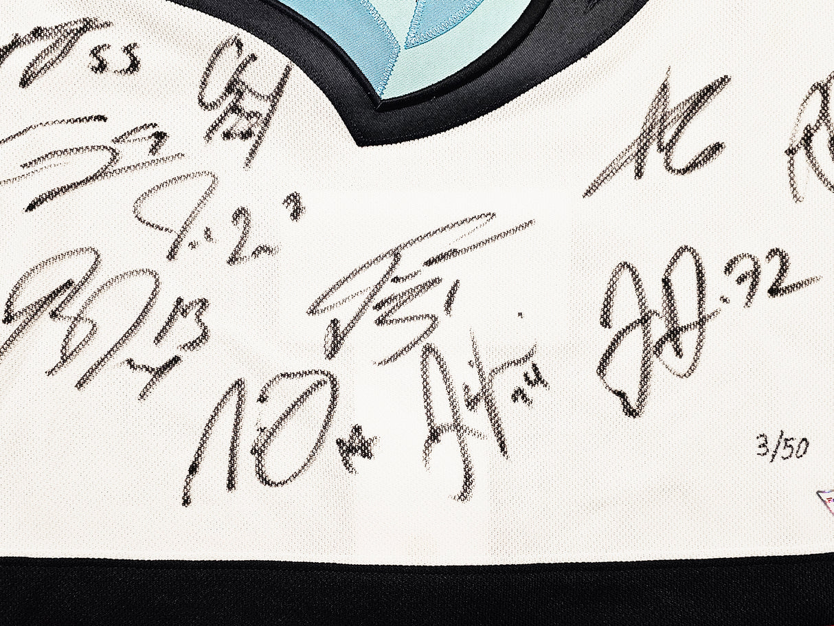 Seattle Kraken Inaugural Season Team Signed Autographed White Adidas Jersey Size 54 With 24 Signatures Including Jordan Eberle, Jared McCann & Yanni Gourde #/50 Fanatics Holo Stock #215412
