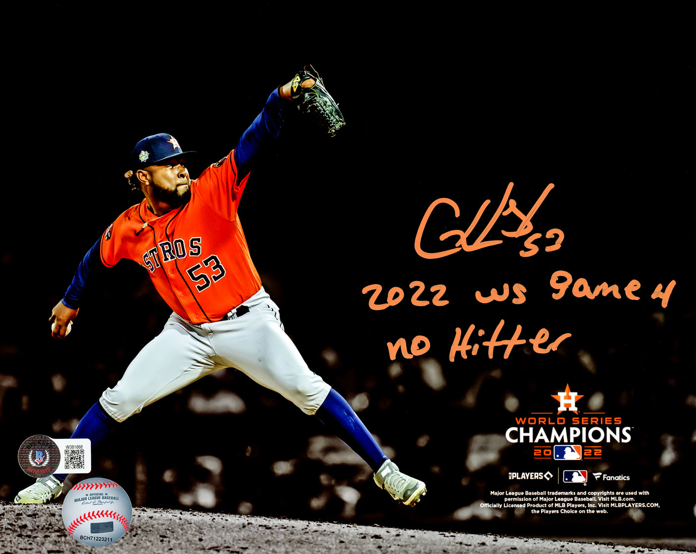 Cristian Javier Autographed 8x10 Photo Houston Astros "2022 WS Game 4 No Hitter" Beckett BAS Witness Stock #215355