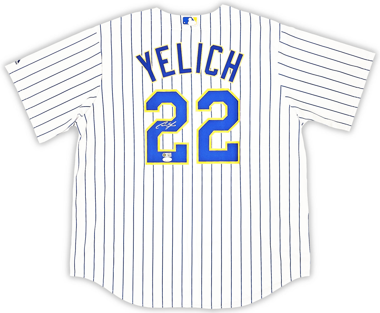 Milwaukee Brewers Christian Yelich Autographed White Pinstripe Majestic Jersey Size XL JSA Stock #215528