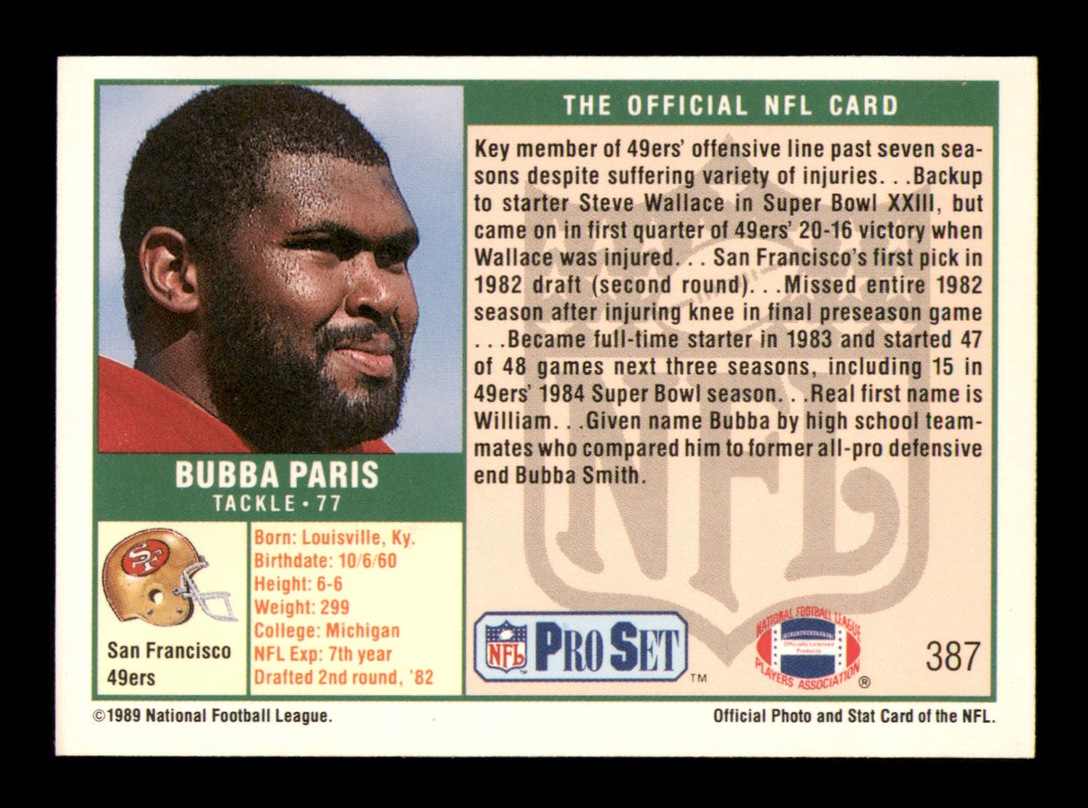 Bubba Paris Autographed 1989 Pro Set Rookie Card #387 San Francisco 49ers SKU #241729