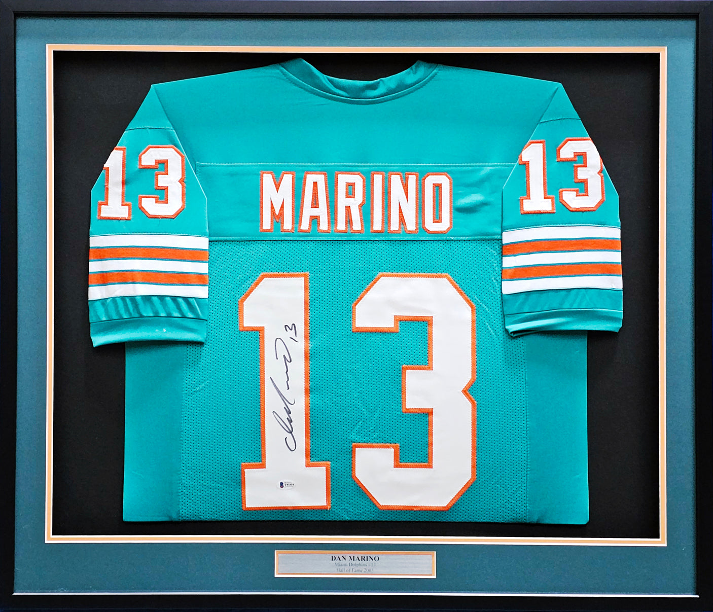 Miami Dolphins Dan Marino Autographed Framed Teal Jersey Beckett BAS Stock #230180