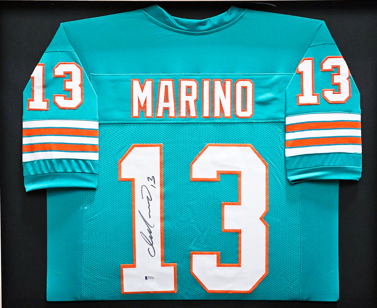 Miami Dolphins Dan Marino Autographed Framed Teal Jersey Beckett BAS Stock #230180