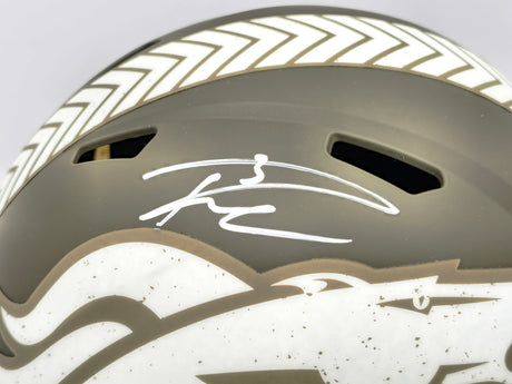 Russell Wilson Autographed Denver Broncos Camo Green Salute to Service Full Size Replica Speed Helmet Fanatics Holo Stock #227942