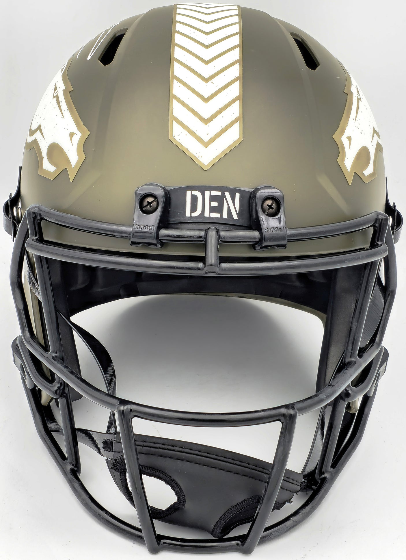 Russell Wilson Autographed Denver Broncos Camo Green Salute to Service Full Size Replica Speed Helmet Fanatics Holo Stock #227942