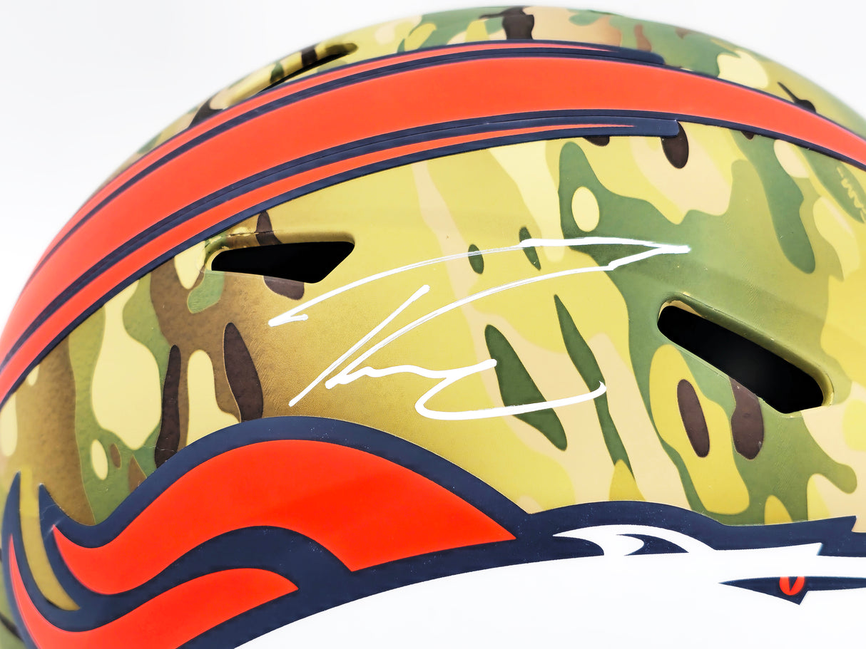 Russell Wilson Autographed Denver Broncos Camo Salute to Service Full Size Replica Speed Helmet Fanatics Holo Stock #227943