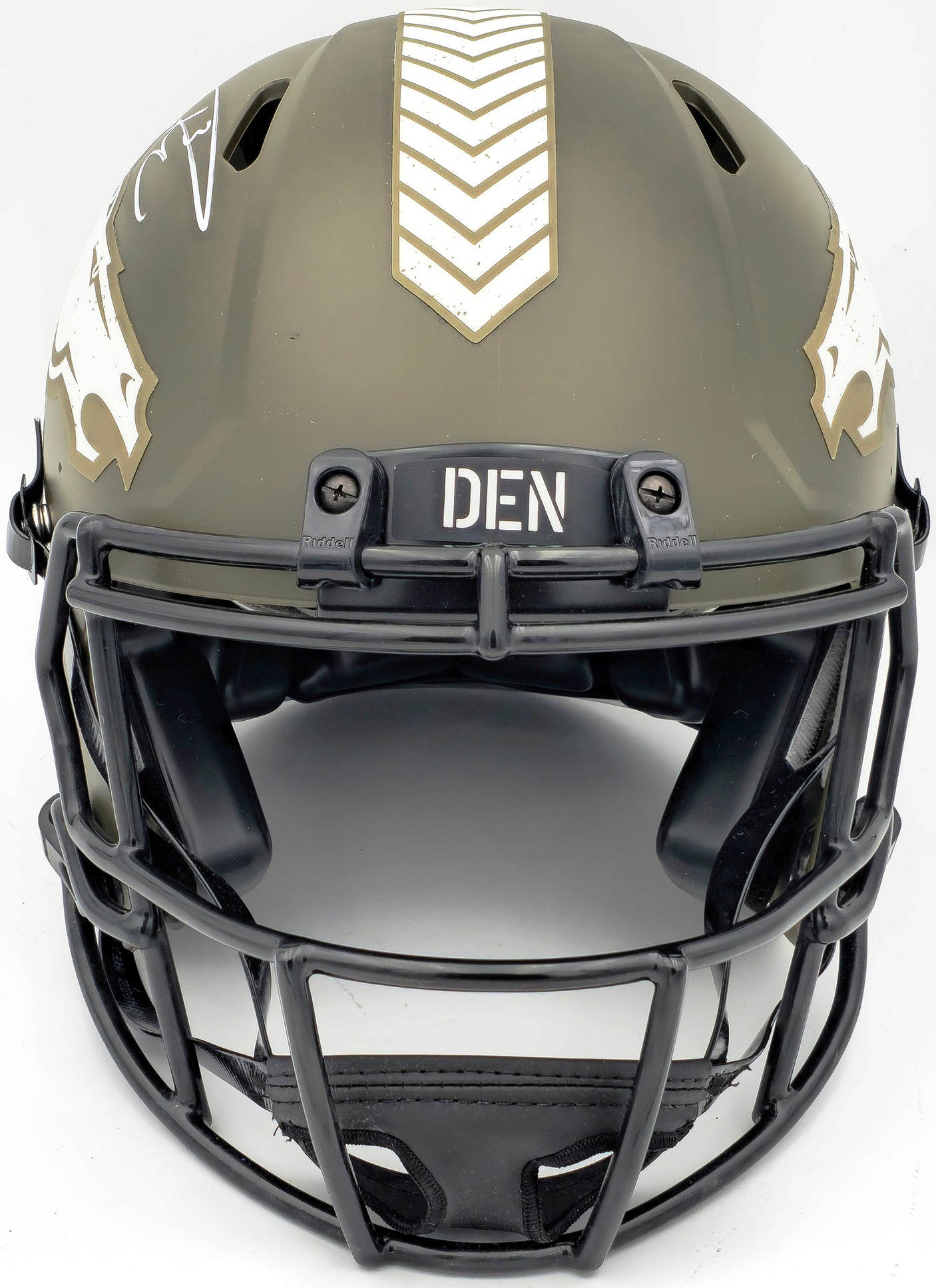 Russell Wilson Autographed Denver Broncos Camo Green Salute to Service Full Size Authentic Speed Helmet Fanatics Holo Stock #227929