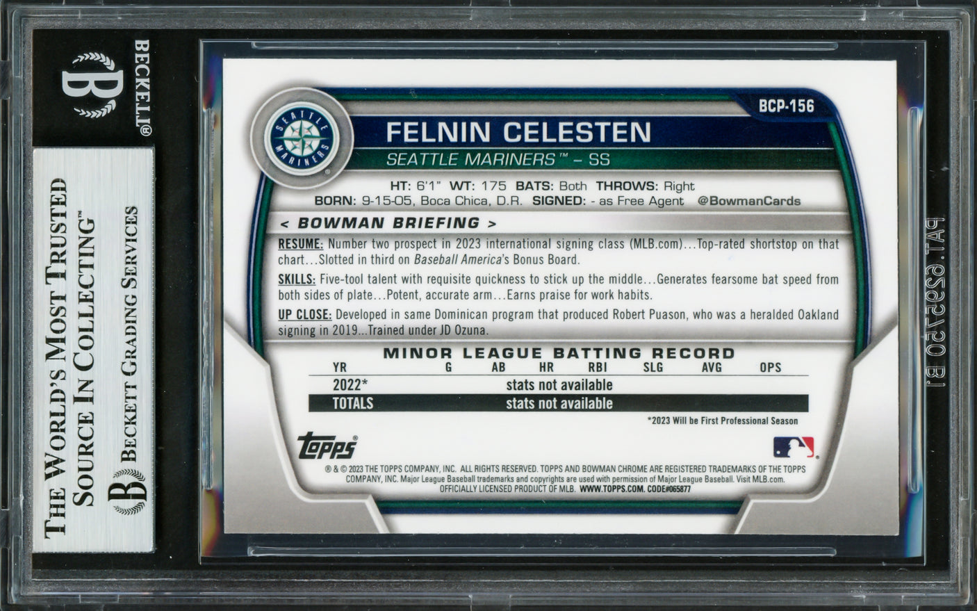 Felnin Celesten Autographed 2023 1st Bowman Chrome Rookie Card #BCP156 Seattle Mariners Beckett BAS Stock #227988