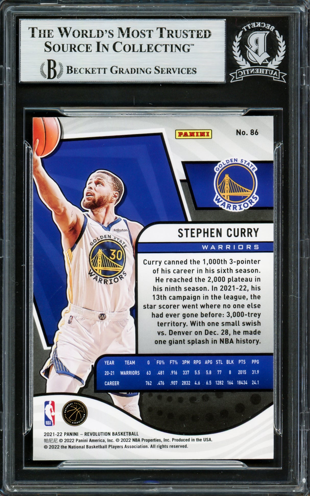Stephen Curry Autographed 2021-22 Panini Revolution Card #86 Golden State Warriors Beckett BAS Stock #228005