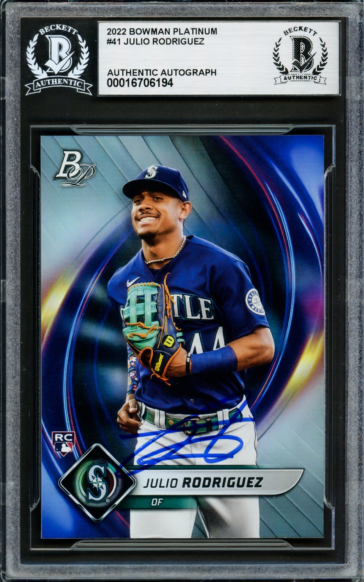 Julio Rodriguez Autographed 2022 Bowman Platinum Rookie Card #41 Seattle Mariners Beckett BAS Stock #228011