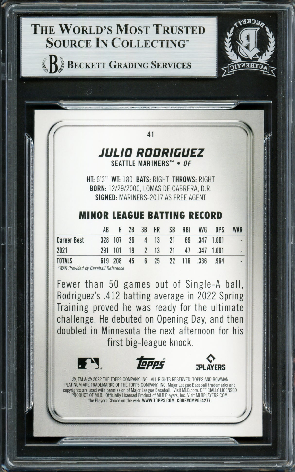Julio Rodriguez Autographed 2022 Bowman Platinum Rookie Card #41 Seattle Mariners Beckett BAS Stock #228011