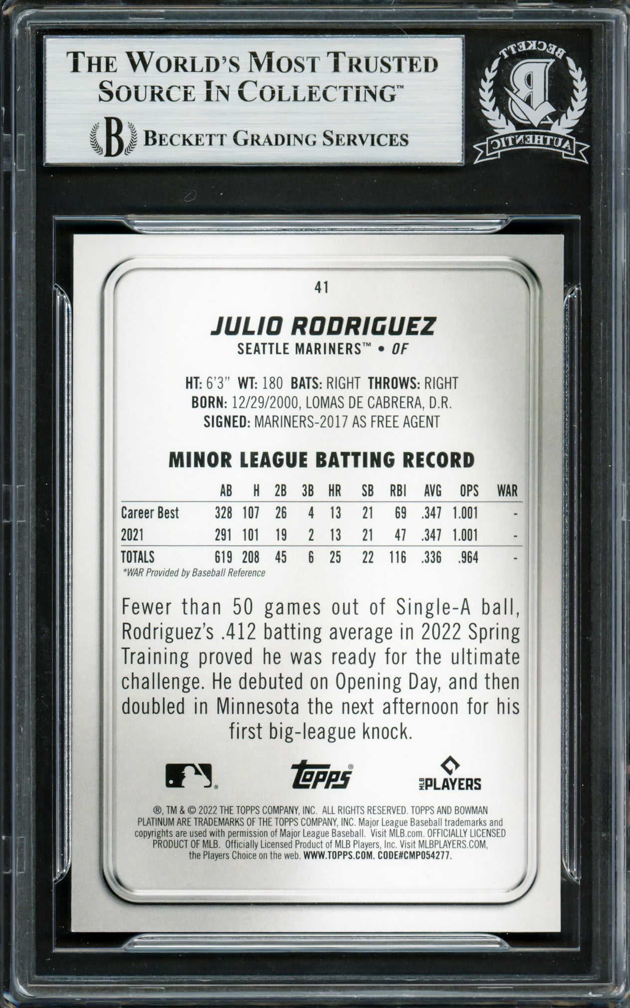 Julio Rodriguez Autographed 2022 Bowman Platinum Rookie Card #41 Seattle Mariners Beckett BAS Stock #228011